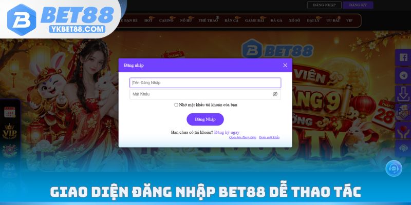 Giao diện đăng nhập Bet88 dễ thao tác