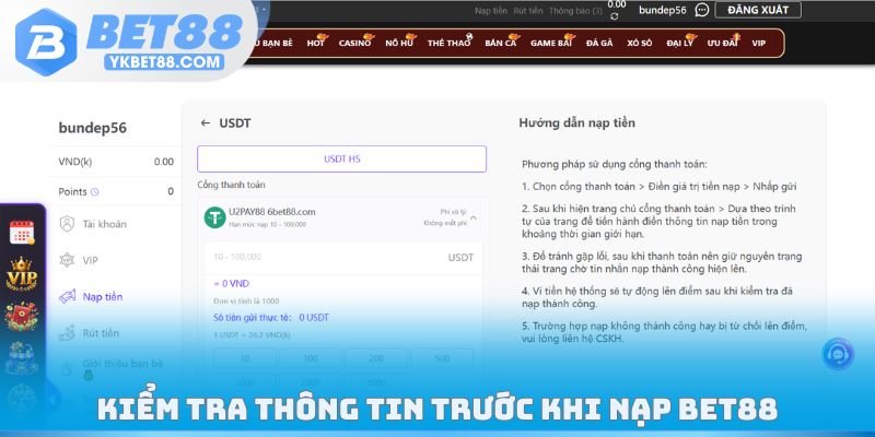 Kiểm tra thông tin trước khi nạp Bet88